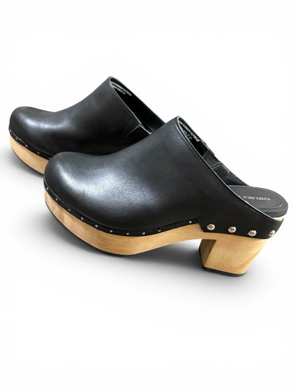 Chelsea & Violet Jana Black Leather Studded Wood Clogs